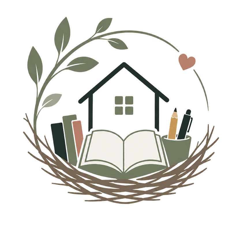 A nest holding a home, an open book, and school supplies, surrounded by leaves